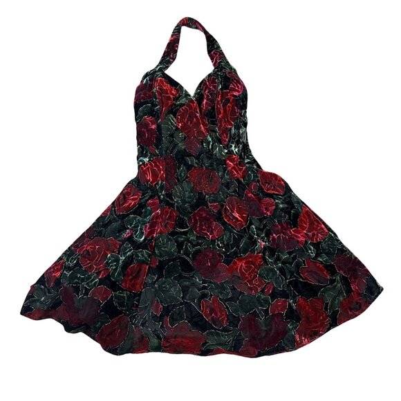 Vintage Velvet Floral Halter Dress Y2K Rampage USA Size 5 Black Red Formal Party - Picture 2 of 8